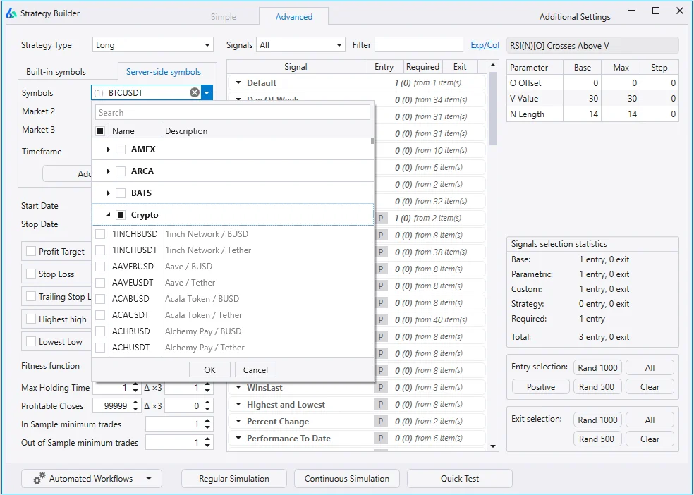Build Alpha crypto symbol selection interface showing BTCUSD ETHUSD and all cryptocurrency pairs for automated trading bot development and backtesting