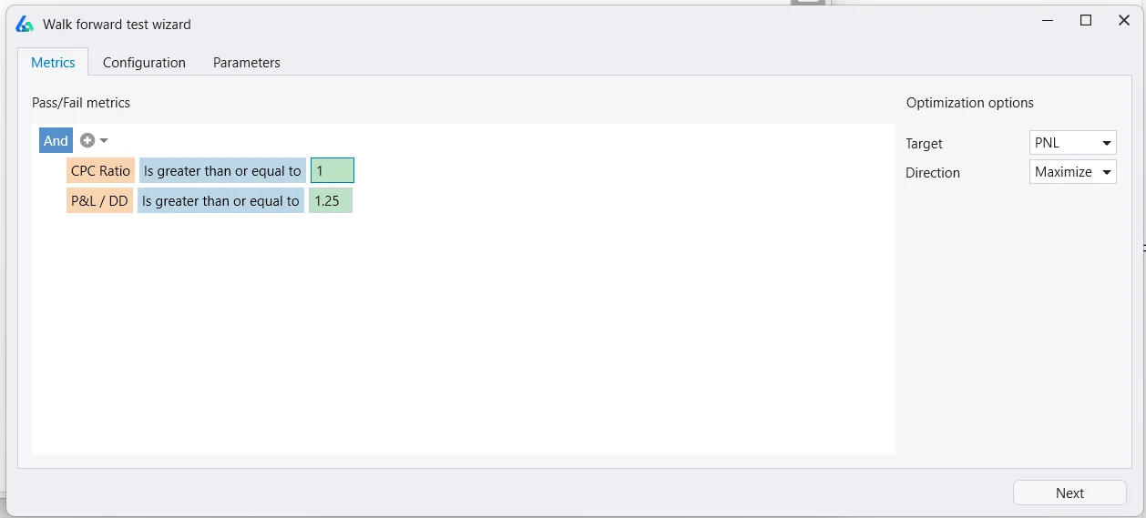Build Alpha walk forward test wizard showing pass criteria editor with CPC ratio and profit to drawdown thresholds for automated strategy validation
