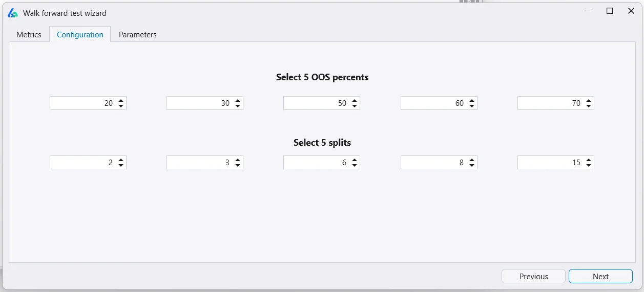 Build Alpha walk forward splits and out-of-sample percentages configuration panel for matrix testing across multiple parameter combinations