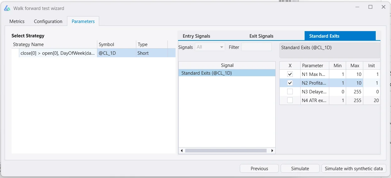 Build Alpha walk forward parameter optimization settings showing entry exit hold time and stop loss ranges with base max and step values