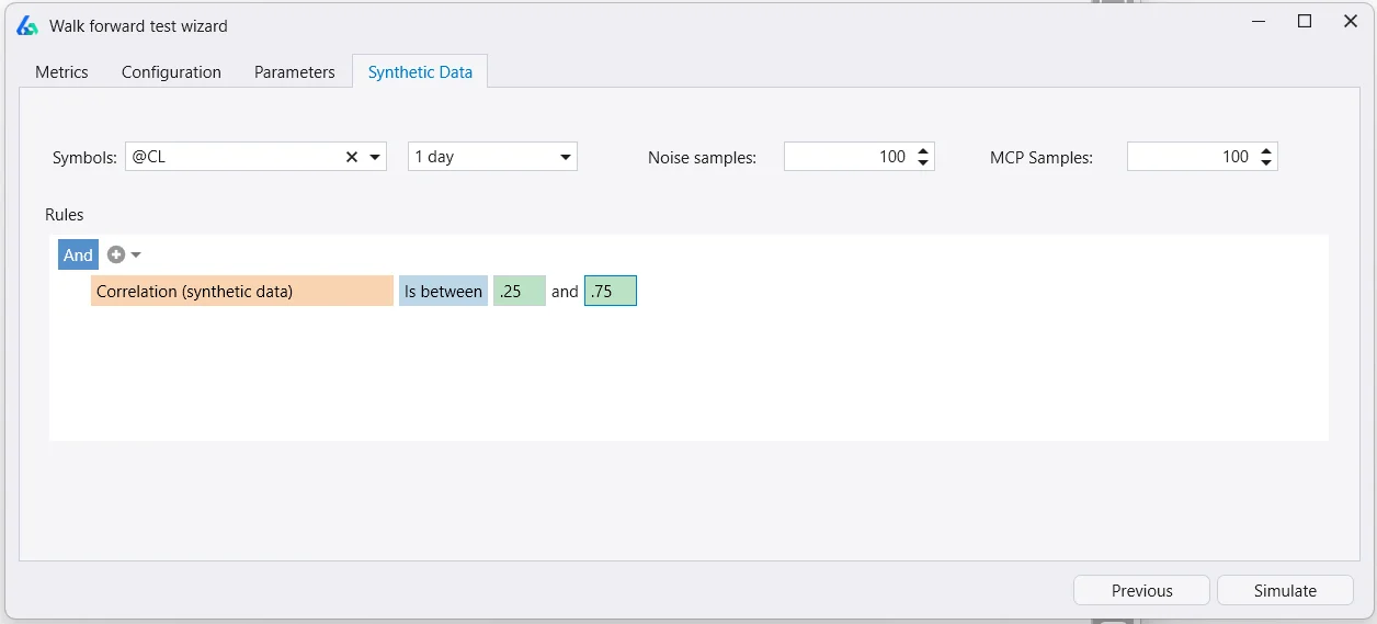 Build Alpha synthetic data configuration for walk forward optimization showing 200 synthetic series with correlation filter between 0.25 and 0.75