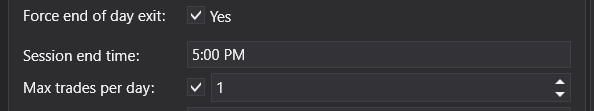Build Alpha settings for forced end-of-day exit and maximum trades per day for intraday ORB strategies